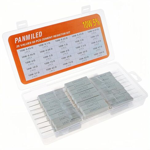 PANMILED 25 قيمة 50 قطعة مجموعة مقاومات الأسمنت 10 وات ± 5% مقاومات طاقة سيراميك 10 وات (0.05 أوم - 100 أوم) in Kuwait
