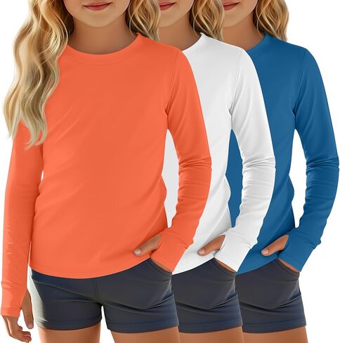 3 Pack Girls Rash Guard Swim Shirts 5-14Y UV Sun Protection Long Sleeve Thumb Hole Quick Dry T-Shirts UPF 50+ Tees in Saudi Arabia