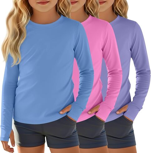 3 Pack Girls Rash Guard Swim Shirts 5-14Y UV Sun Protection Long Sleeve Thumb Hole Quick Dry T-Shirts UPF 50+ Tees in Saudi Arabia