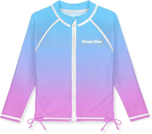BesserBay Girls Rash Guard UPF 50+ Zip Up Raglan Long Sleeve Adjustable Drawstring Swim UV Jacket 4-14 Years in Saudi Arabia