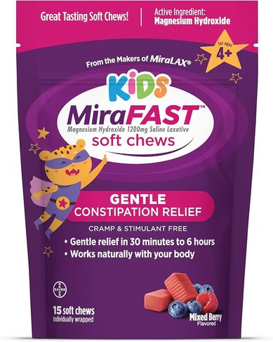 MiraFAST Kids Soft Chews, from The Makers of MiraLAX, Gentle Constipation Relief for Kids 4+ and Adults, Fast Acting Saline Laxative, Stimulant Free Saline Laxative, Mixed Berry Flavor, 15ct in Kuwait