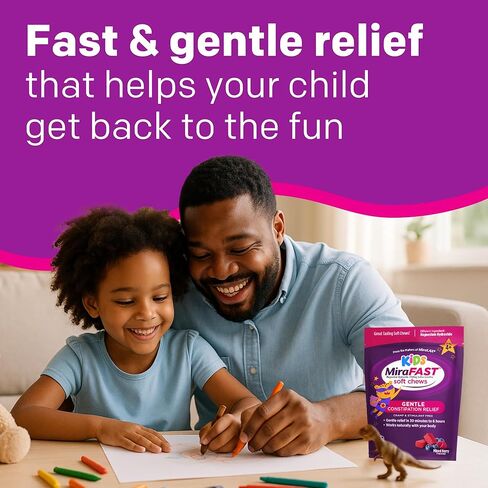MiraFAST Kids Soft Chews, from The Makers of MiraLAX, Gentle Constipation Relief for Kids 4+ and Adults, Fast Acting Saline Laxative, Stimulant Free Saline Laxative, Mixed Berry Flavor, 15ct in Kuwait