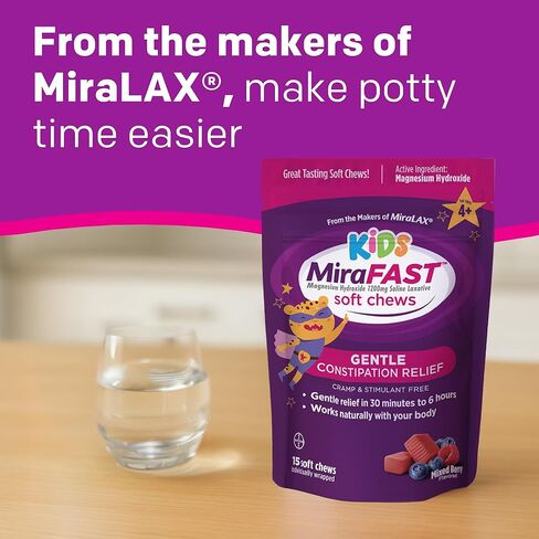 MiraFAST Kids Soft Chews, from The Makers of MiraLAX, Gentle Constipation Relief for Kids 4+ and Adults, Fast Acting Saline Laxative, Stimulant Free Saline Laxative, Mixed Berry Flavor, 15ct in Kuwait