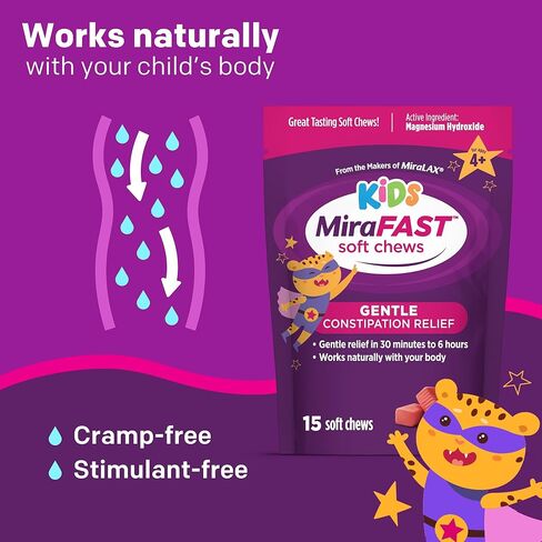 MiraFAST Kids Soft Chews, from The Makers of MiraLAX, Gentle Constipation Relief for Kids 4+ and Adults, Fast Acting Saline Laxative, Stimulant Free Saline Laxative, Mixed Berry Flavor, 15ct in Kuwait