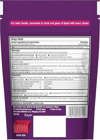 MiraFAST Kids Soft Chews, from The Makers of MiraLAX, Gentle Constipation Relief for Kids 4+ and Adults, Fast Acting Saline Laxative, Stimulant Free Saline Laxative, Mixed Berry Flavor, 15ct in Kuwait