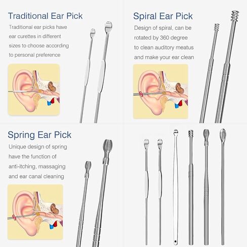 أداة إزالة شمع الأذن، منظف الأذن الحلزوني متعدد الوظائف، أداة تنظيف شمع الأذن Q Grips مع 9 نصائح بديلة، مجموعة إزالة شمع الأذن قابلة للغسل للتنظيف العميق للأذن in Kuwait