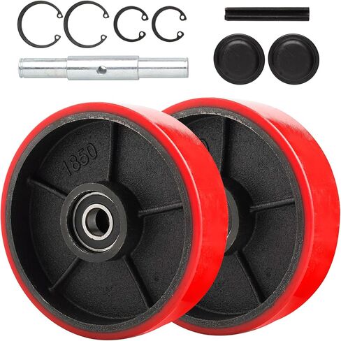 7" x 2" Pallet Jack Wheels Replacement Set with Axle & Bearings - Heavy Duty Red Poly Tread Back Wheel Steering Wheel Set for Truck & Pallet Jack - 20mm ID, Non-Marking in Saudi Arabia