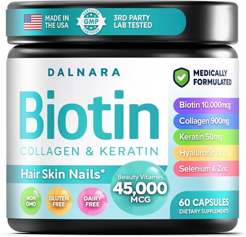 Biotin Collagen & Keratin – Hair, Skin & Nails Vitamins, 45,000 MCG Vitamin Complex (A, B1, B2, B3, B6, B7, C & E)–Biotin for Hair Growth for Women & Men, Hair Vitamins-60 Capsules–Made in USA in Saudi Arabia