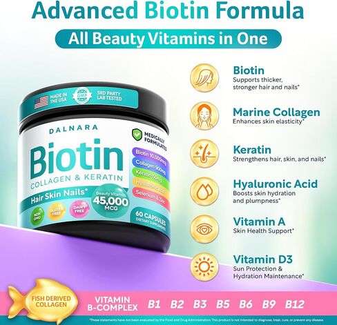 Biotin Collagen & Keratin – Hair, Skin & Nails Vitamins, 45,000 MCG Vitamin Complex (A, B1, B2, B3, B6, B7, C & E)–Biotin for Hair Growth for Women & Men, Hair Vitamins-60 Capsules–Made in USA in Saudi Arabia
