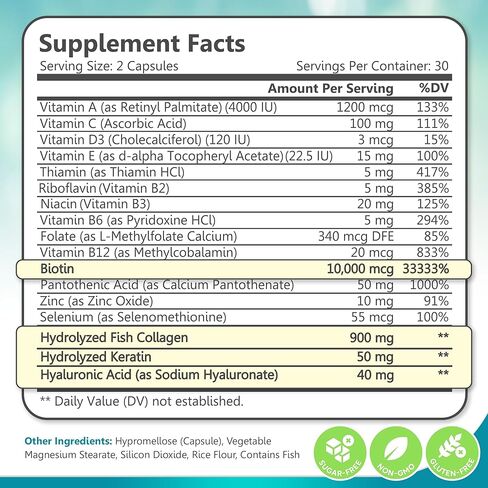 Biotin Collagen & Keratin – Hair, Skin & Nails Vitamins, 45,000 MCG Vitamin Complex (A, B1, B2, B3, B6, B7, C & E)–Biotin for Hair Growth for Women & Men, Hair Vitamins-60 Capsules–Made in USA in Saudi Arabia