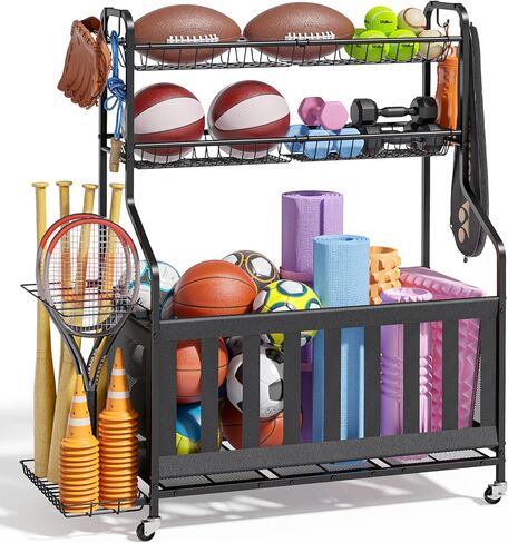 Kitsure Sports Equipment Organizer - Multi-Use Ball Storage for Toys & Sports Gear and Accessories, with Hooks and Bat Holder, Wheel-Equipped Rack for Garage, Outdoor, 40.0" x 16.7" x 45.6", Black in Saudi Arabia