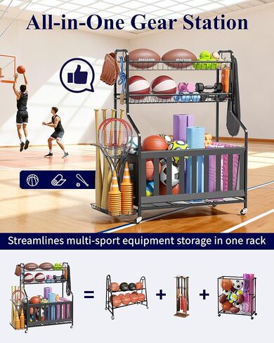 Kitsure Sports Equipment Organizer - Multi-Use Ball Storage for Toys & Sports Gear and Accessories, with Hooks and Bat Holder, Wheel-Equipped Rack for Garage, Outdoor, 40.0" x 16.7" x 45.6", Black in Saudi Arabia