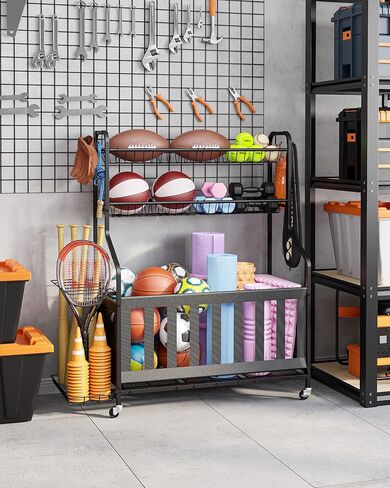 Kitsure Sports Equipment Organizer - Multi-Use Ball Storage for Toys & Sports Gear and Accessories, with Hooks and Bat Holder, Wheel-Equipped Rack for Garage, Outdoor, 40.0" x 16.7" x 45.6", Black in Saudi Arabia