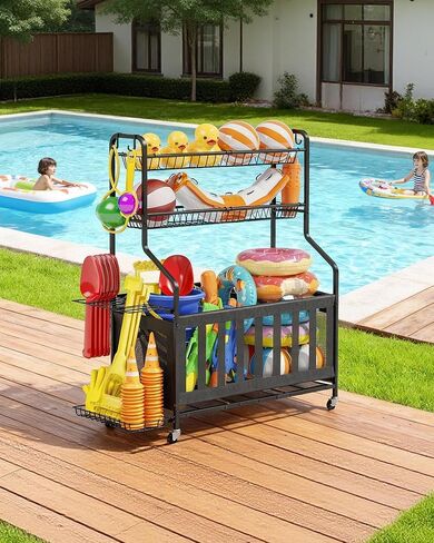 Kitsure Sports Equipment Organizer - Multi-Use Ball Storage for Toys & Sports Gear and Accessories, with Hooks and Bat Holder, Wheel-Equipped Rack for Garage, Outdoor, 40.0" x 16.7" x 45.6", Black in Saudi Arabia