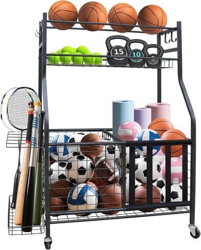 Garage Sports Equipment Organizer, Large Capacity Ball Storage Rack with Wheels, Rolling Cart for Indoor & Outdoor, Black in Saudi Arabia