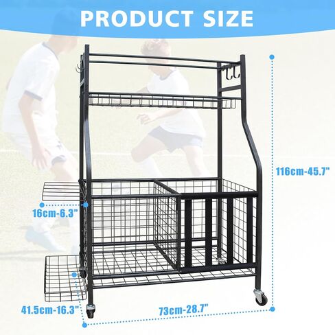 Garage Sports Equipment Organizer, Large Capacity Ball Storage Rack with Wheels, Rolling Cart for Indoor & Outdoor, Black in Saudi Arabia
