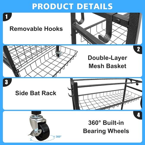 Garage Sports Equipment Organizer, Large Capacity Ball Storage Rack with Wheels, Rolling Cart for Indoor & Outdoor, Black in Saudi Arabia