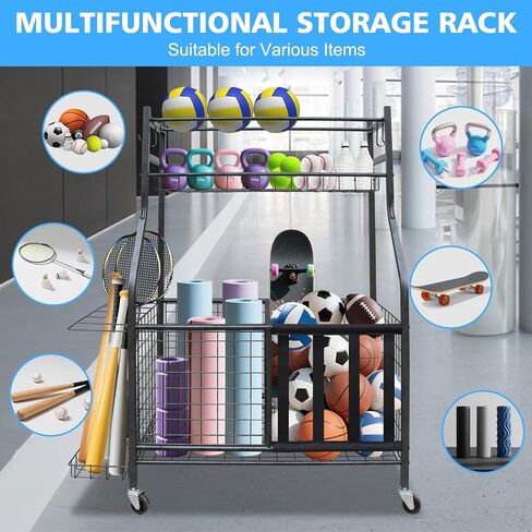Garage Sports Equipment Organizer, Large Capacity Ball Storage Rack with Wheels, Rolling Cart for Indoor & Outdoor, Black in Saudi Arabia