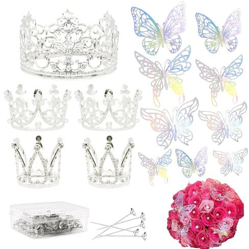 141 Pcs Mini Crown for Flower Bouquets Including 5 Pcs Bouquet Crown, 36 Pcs 3D Butterfly Decorations and 100 Pcs Flower Diamond Pins, Silver Crown Cake Topper for Wedding Baby Shower Birthday Party in Saudi Arabia