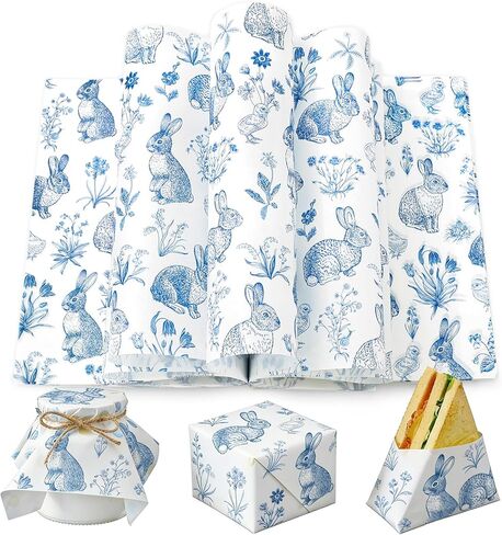 jarThenaAMCS 150 قطعة من ورق الشمع لعيد الفصح، غلاف ديلي، أرنب أرنب أزرق، أوراق شمع مقاومة للماء ومقاومة للزيت، لساندويتشات الطعام وبطانات سلة النزهة، لوازم المطبخ للحفلات، 9.8 × 8.3 بوصة in Kuwait