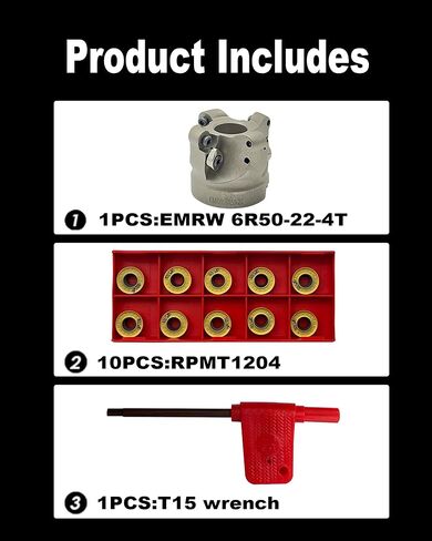 EMRW 6R 50-22-4T Face Mill Cutter Holder with 10pcs RPMT1204 Carbide Inserts, Round Milling Tool for Rough Machining on Milling Machine, Includes T15 Spanner in Saudi Arabia