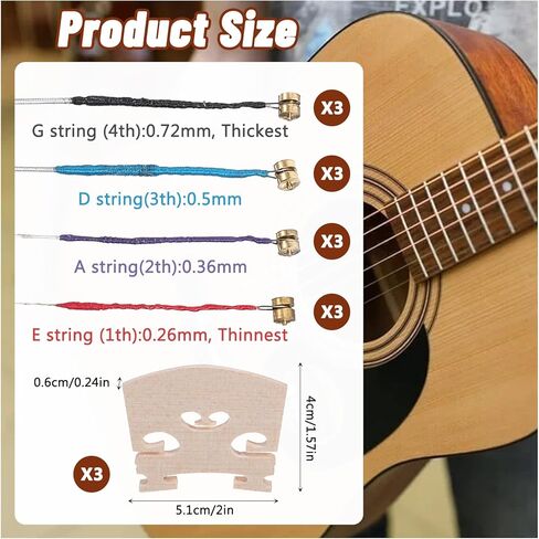 12 Pcs Violin Strings Universal Full Set (G-D-A-E) with 3 Pcs Violin Bridge 4/4 Violins Universal Steel Core Dominant Fiddle String Classic Steel Strings for Instruments 4/4 3/4 1/2 1/4 Violins in Saudi Arabia