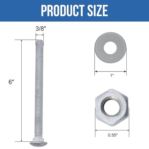 3/8" x 6" Carriage Bolts (50 PCS), Hot Dip Galvanized, Heavy Duty Round Head with Washers and Nuts in Kuwait
