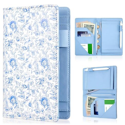 Glenmal Floral Server Book for Waitress, 7.9" x 4.7" Blue Flower Waitress Book with Zipper & Money Pockets, Cute Leather Server Organizer for Women, Fits Apron, Pen Holder in Saudi Arabia