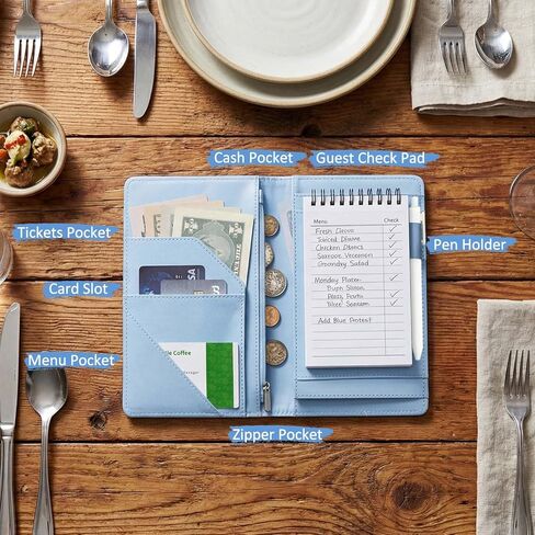 Glenmal Floral Server Book for Waitress, 7.9" x 4.7" Blue Flower Waitress Book with Zipper & Money Pockets, Cute Leather Server Organizer for Women, Fits Apron, Pen Holder in Saudi Arabia
