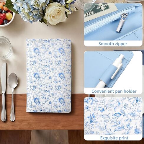 Glenmal Floral Server Book for Waitress, 7.9" x 4.7" Blue Flower Waitress Book with Zipper & Money Pockets, Cute Leather Server Organizer for Women, Fits Apron, Pen Holder in Saudi Arabia
