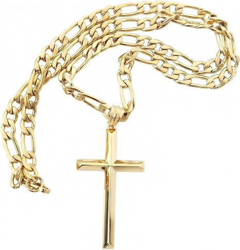 ADORATO JEWELRY 14K Gold Figaro Chain Style Cross Pendant Necklace 4MM Cross Necklace Clasp for MEN, HUSBAND Thin for Charms Miami Cuban Link Diamond Cut Religious Beveled Edge in Kuwait