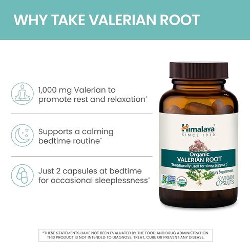 Himalaya Organic Valerian Root, Herbal Sleep Support for Calm Relaxation, USDA Organic, Non-GMO, Vegan, Gluten Free, 1,000 mg, 60 Capsules in Saudi Arabia