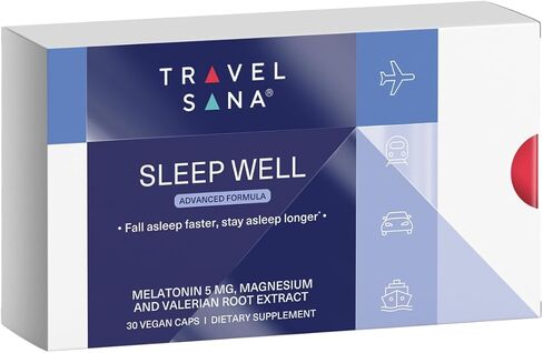 مساعد النوم ودعم اضطراب الرحلات الجوية الطويلة أثناء السفر | مستخلص جذور الناردين، الميلاتونين 5 ملغ والمغنيسيوم | ملحق النوم الطبيعي للبالغين | أساسيات السفر | النوم جيدا | 30 كبسولة نباتية in Kuwait