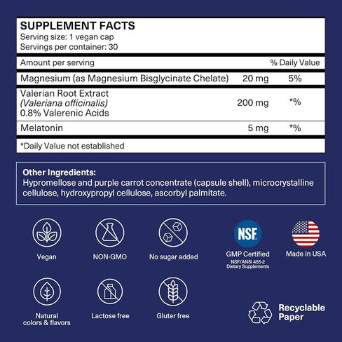 مساعد النوم ودعم اضطراب الرحلات الجوية الطويلة أثناء السفر | مستخلص جذور الناردين، الميلاتونين 5 ملغ والمغنيسيوم | ملحق النوم الطبيعي للبالغين | أساسيات السفر | النوم جيدا | 30 كبسولة نباتية in Kuwait