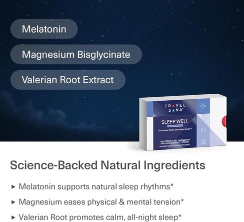 مساعد النوم ودعم اضطراب الرحلات الجوية الطويلة أثناء السفر | مستخلص جذور الناردين، الميلاتونين 5 ملغ والمغنيسيوم | ملحق النوم الطبيعي للبالغين | أساسيات السفر | النوم جيدا | 30 كبسولة نباتية in Kuwait