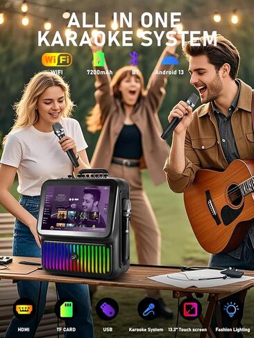 Karaoke Machine，Portable Bluetooth Karaoke Machine with 2 Wireless Microphones，DJ Lights for Home Party Gathering, Karaoke Microphone Wireless PA System Supports in Saudi Arabia