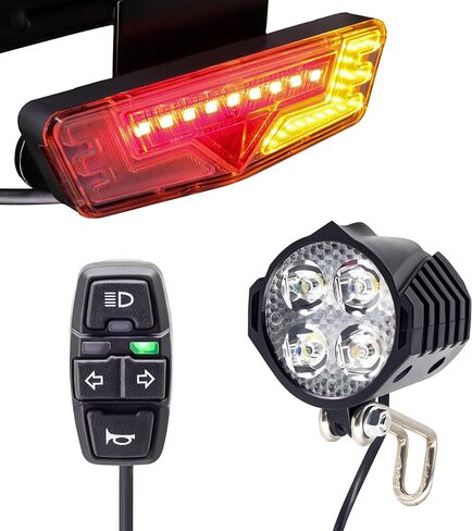 مجموعة إضاءة EBike مع إشارات الانعطاف، المصباح الأمامي 400 لومن، الضوء الخلفي يناسب فتحات الرف 80 مم، مفتاح التحكم في المقود، للدراجة الإلكترونية والسكوتر الكهربائي 12 فولت - 48 فولت in Kuwait