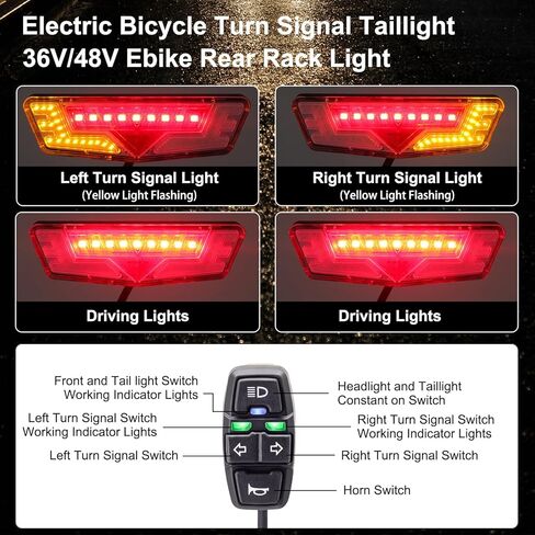 مجموعة إضاءة EBike مع إشارات الانعطاف، المصباح الأمامي 400 لومن، الضوء الخلفي يناسب فتحات الرف 80 مم، مفتاح التحكم في المقود، للدراجة الإلكترونية والسكوتر الكهربائي 12 فولت - 48 فولت in Kuwait
