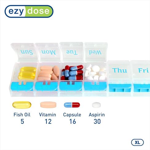EZY DOSE أسبوعيًا (7 أيام) صباحًا/مساءًا، منظم حبوب منع الحمل اليومي، علبة فيتامين، وحاوية دواء، مقصورات كبيرة جدًا، صديق لالتهاب المفاصل، مريح مع سهولة الحمل، أغطية شفافة/زرقاء، خالي من مادة BPA in Saudi Arabia