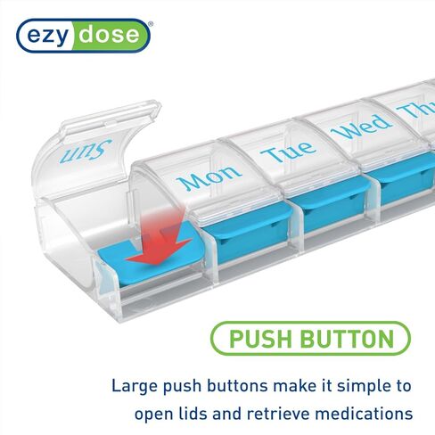 EZY DOSE أسبوعيًا (7 أيام) صباحًا/مساءًا، منظم حبوب منع الحمل اليومي، علبة فيتامين، وحاوية دواء، مقصورات كبيرة جدًا، صديق لالتهاب المفاصل، مريح مع سهولة الحمل، أغطية شفافة/زرقاء، خالي من مادة BPA in Saudi Arabia