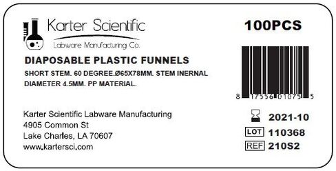 قمع بلاستيك PP طبيعي 210S2 من Karter Scientific، ساق قصيرة، 65 مم (عبوة من 100 قطعة) in Saudi Arabia