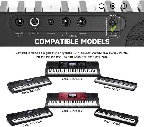 12V AC/DC Casio Charger Power Adapter Compatible for Casio Digital Piano Keyboard AD-A12150LW, AD-A1215LW, Casio Keyboard PX-130 PX-150 PX-330 PX-3S PX-5S CTK-6000 CTK-6300 CTK-7200 Power Supply Cord in Saudi Arabia