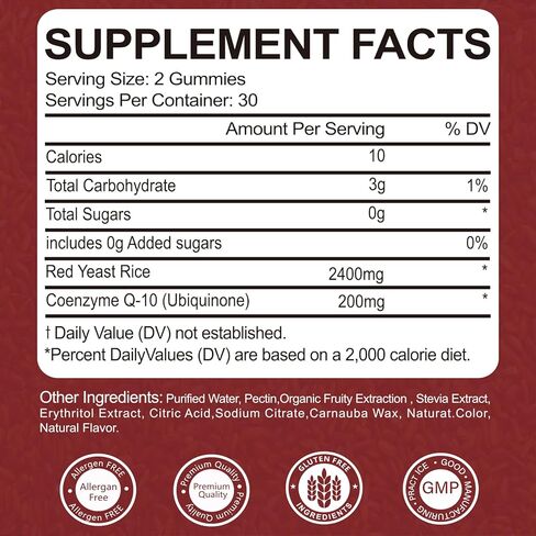 Premium Red Yeast Rice with CoQ10 Gummies for Heart & Cholesterol Support | Sugar Free, Strawberry Flavor | 60 Gummies (30 Day Supply) | Vegan, Non-GMO in Kuwait