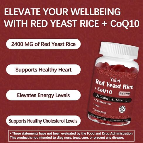 Premium Red Yeast Rice with CoQ10 Gummies for Heart & Cholesterol Support | Sugar Free, Strawberry Flavor | 60 Gummies (30 Day Supply) | Vegan, Non-GMO in Kuwait