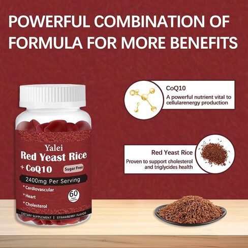 Premium Red Yeast Rice with CoQ10 Gummies for Heart & Cholesterol Support | Sugar Free, Strawberry Flavor | 60 Gummies (30 Day Supply) | Vegan, Non-GMO in Kuwait
