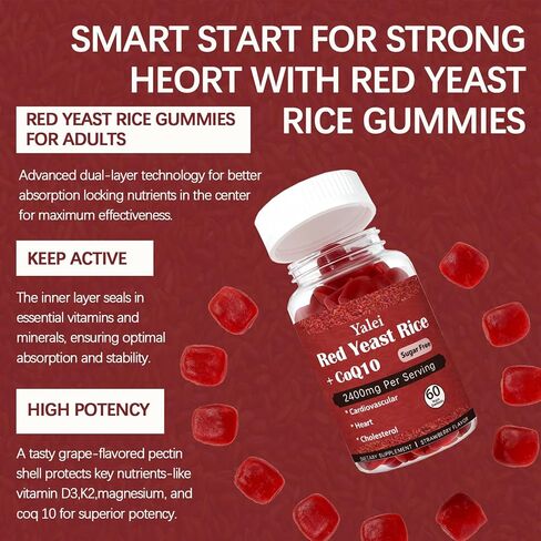 Premium Red Yeast Rice with CoQ10 Gummies for Heart & Cholesterol Support | Sugar Free, Strawberry Flavor | 60 Gummies (30 Day Supply) | Vegan, Non-GMO in Kuwait