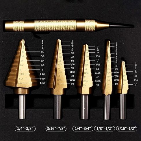 مجموعة لقم المثقاب ذات الخطوات المكونة من 6 قطع من Rayjee، مطلية بالتيتانيوم، لقم ذات خطوات فلوت مستقيمة للمعادن والألمنيوم والخشب والبلاستيك، مقاسات فتحات متعددة مع حقيبة تخزين in Kuwait