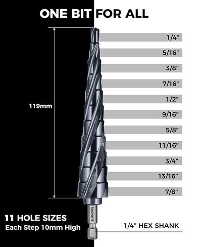 toolant Deep-Hole Four-Spiral Flute Cobalt Step Drill Bit, Extra-High 10mm Steps to Power Through Thick Plates, 1/4"-7/8" Unibit with 1/4" Hex Shank for Metal, Stainless Steel, Wood in Saudi Arabia