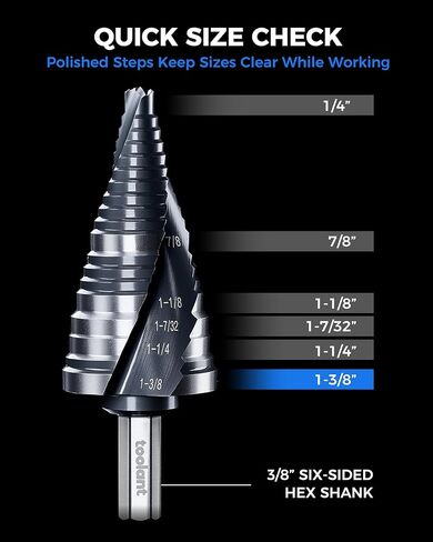 toolant 1/4" to 1-3/8" Step Drill Bit with Upgraded Dual-Angle Flutes & Multi-Function Cutting Edges, M2 HSS & Nitriding Coating for Stainless Steel, Copper, Aluminum, Wood, Plastic in Saudi Arabia