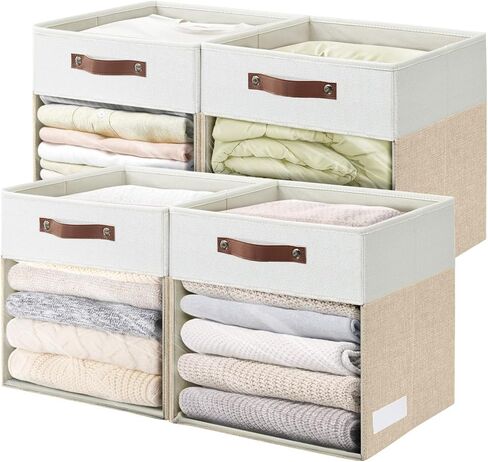 Storage Cubes with Clear Window Linen Fabric Collapsible Storage Bins with Handles 13 x 13 Inch Foldable Storage for Shelf Closet 4 Pack, Grey and White in Kuwait